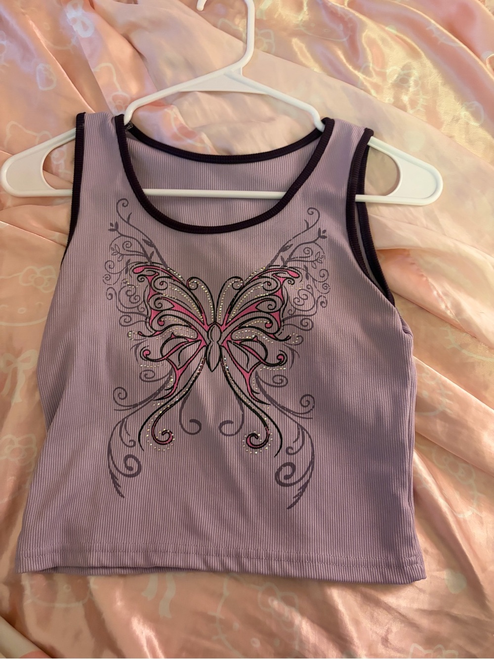 SHEIN Lilac Ribbed Butterfly Crop Tank with Black Trim